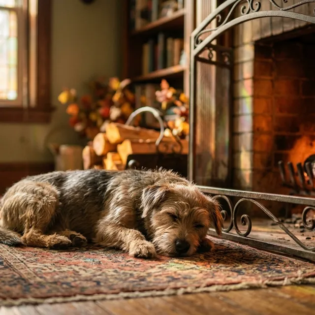 Ghibli-Chiaroscuro Dog Fireplace Portrait