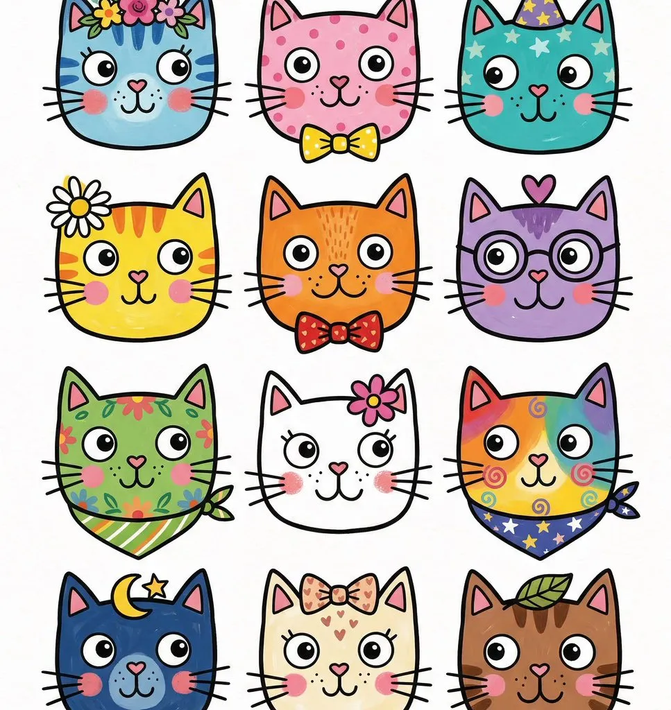 Game Asset - Stylized Grid of Whimsical Cat Faces