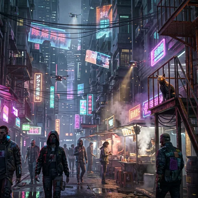 Hyperreal Cyberpunk Neon Market Vista