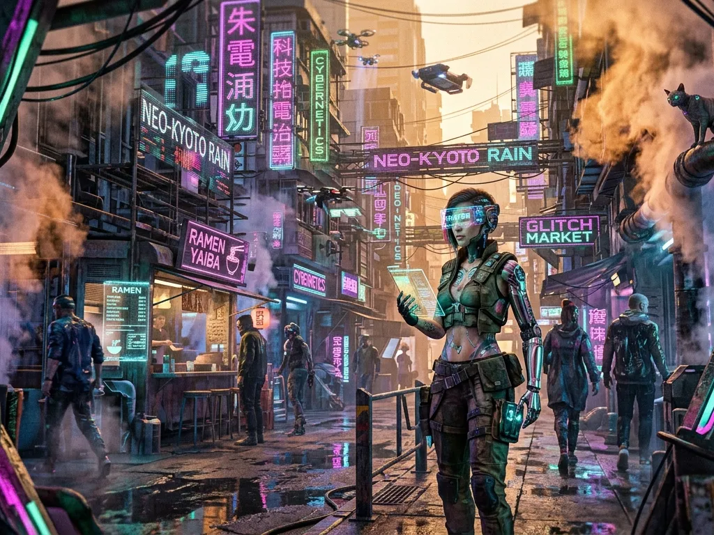 Neon Noir Cyberpunk Marketplace Vista