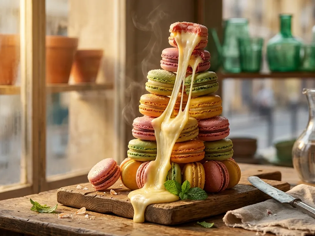 Golden Hour Macaron Tower with Molten Cheese Pull