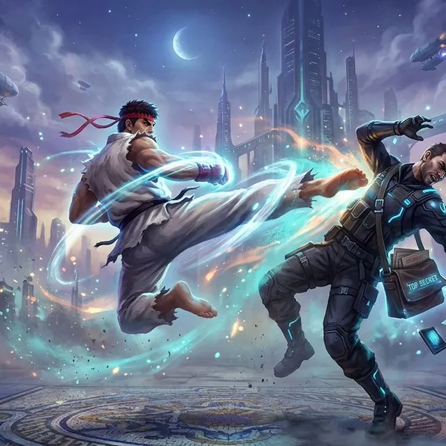 Game Asset - Ryu Performing Tatsumaki Senpukyaku on a Spy in Final Fantasy Style