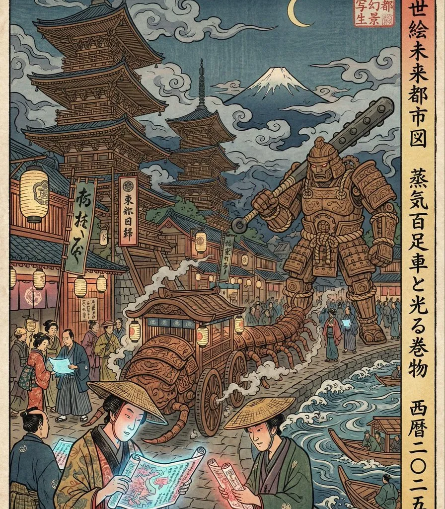 Edo-period Ukiyo-e reinterpretation of a modern scene