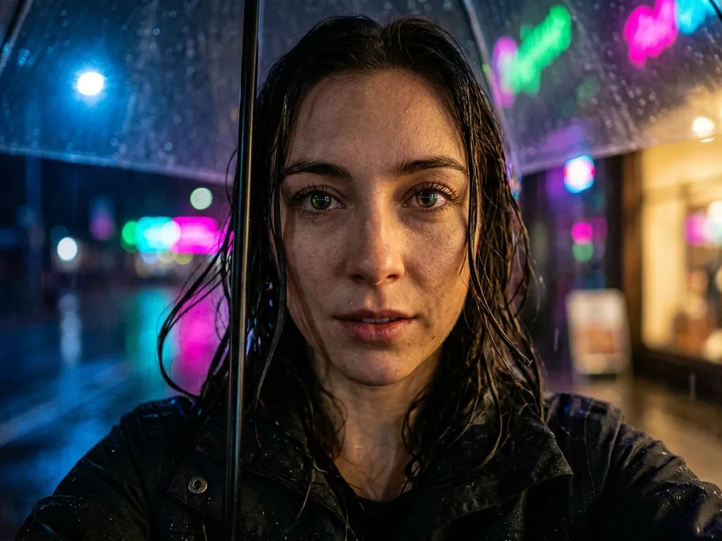Neon Rain Portrait with Tilt-Shift Macro Glow